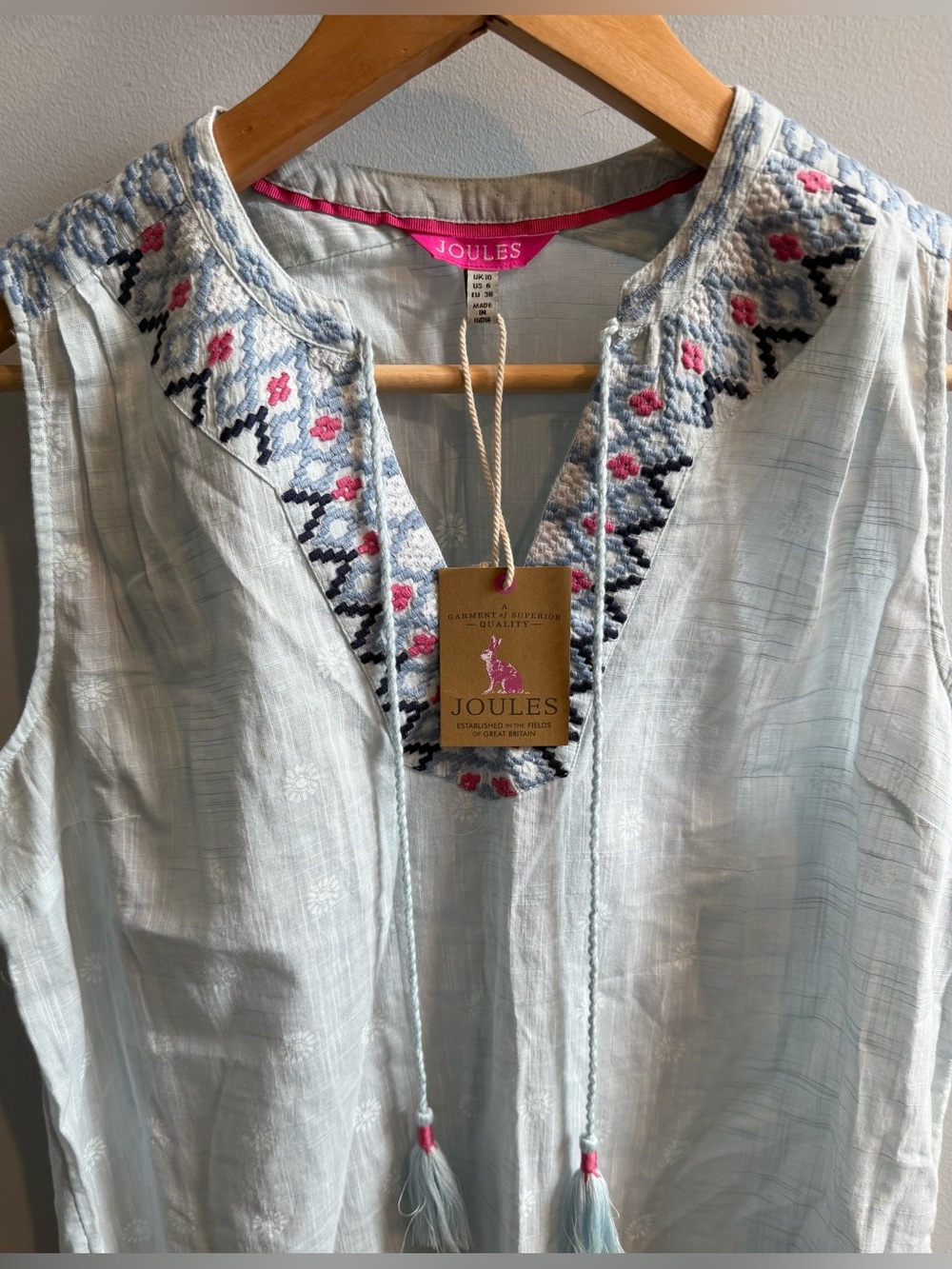 Joules Pale Blue Embroidered Sleeveless Cotton Camisole - Picture 3 of 13